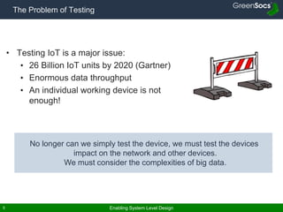 Enabling System Level Design5
No longer can we simply test the device, we must test the devices
impact on the network and other devices.
We must consider the complexities of big data.
The Problem of Testing
• Testing IoT is a major issue:
• 26 Billion IoT units by 2020 (Gartner)
• Enormous data throughput
• An individual working device is not
enough!
 