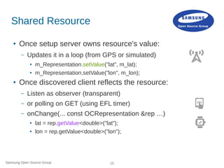 Samsung Open Source Group 15
Shared Resource
● Once setup server owns resource's value:
– Updates it in a loop (from GPS or simulated)
● m_Representation.setValue("lat", m_lat);
● m_Representation.setValue("lon", m_lon);
● Once discovered client reflects the resource:
– Listen as observer (transparent)
– or polling on GET (using EFL timer)
– onChange(... const OCRepresentation &rep …)
● lat = rep.getValue<double>("lat");
● lon = rep.getValue<double>("lon");
 