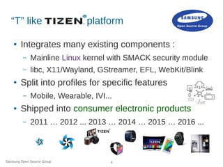 Samsung Open Source Group 4
“T” like platform
● Integrates many existing components :
– Mainline Linux kernel with SMACK security module
– libc, X11/Wayland, GStreamer, EFL, WebKit/Blink
● Split into profiles for specific features
– Mobile, Wearable, IVI...
● Shipped into consumer electronic products
– 2011 … 2012 ... 2013 … 2014 … 2015 … 2016 ...
 
