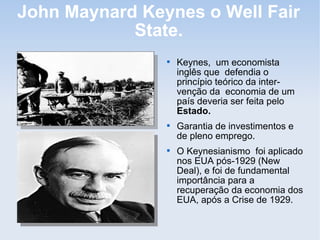 John Maynard Keynes o Well Fair
State.

Keynes, um economista
inglês que defendia o
princípio teórico da inter-
venção da economia de um
país deveria ser feita pelo
Estado.

Garantia de investimentos e
de pleno emprego.

O Keynesianismo foi aplicado
nos EUA pós-1929 (New
Deal), e foi de fundamental
importância para a
recuperação da economia dos
EUA, após a Crise de 1929.
 