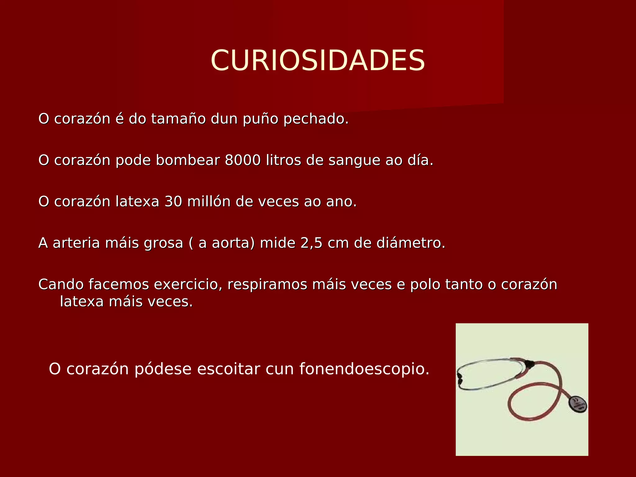 CURIOSIDADES
O corazón é do tamaño dun puño pechado.O corazón é do tamaño dun puño pechado.
O corazón pode bombear 8000 litros de sangue ao día.O corazón pode bombear 8000 litros de sangue ao día.
O corazón latexa 30 millón de veces ao ano.O corazón latexa 30 millón de veces ao ano.
A arteria máis grosa ( a aorta) mide 2,5 cm de diámetro.A arteria máis grosa ( a aorta) mide 2,5 cm de diámetro.
Cando facemos exercicio, respiramos máis veces e polo tanto o corazónCando facemos exercicio, respiramos máis veces e polo tanto o corazón
latexa máis veces.latexa máis veces.
O corazón pódese escoitar cun fonendoescopio.
 