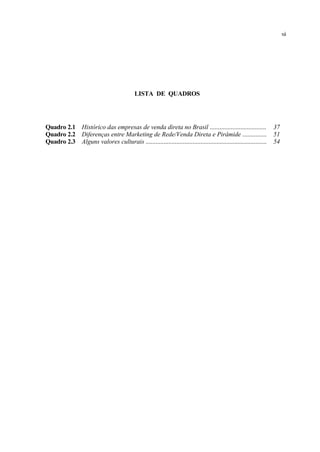 LISTA DE QUADROS
Quadro 2.1 Histórico das empresas de venda direta no Brasil ................................... 37
Quadro 2.2 Diferenças entre Marketing de Rede/Venda Direta e Pirâmide ............... 51
Quadro 2.3 Alguns valores culturais ........................................................................... 54
xii
 