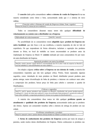 151
O conceito dado pelos consumidores sobre o sistema de venda da Empresa foi na sua
maioria considerado como ótimo e bom, acrescentando ainda que é o sistema do novo
milênio.
Conceito sobre o Sistema de venda da Empresa (ótimo, bom, regular)
Ótimo(19); bom(13); sistema do novo milênio(1)
Todos os consumidores disseram nunca terem tido qualquer dificuldade de
relacionamento ou contato com o distribuidor ou a Empresa.
Dificuldade de relacionamento não(30); nunca(2)
Na possibilidade de os consumidores terem adquirido algum produto da Empresa em
outra localidade que não fosse o de sua residência, a maioria respondeu de não ter tido tal
experiência. Os que responderam de forma afirmativa, incluíram a aquisição dos produtos
durante as férias, no local de trabalho ou terem encomendado os produtos antes da
implantação da Empresa no Brasil. O contato realizado por esses consumidores foi por meio
de outro distribuidor da Empresa.
Aquisição produtos em outra localidade
Não(26); sim(6); durante viagem férias(1); encomendando dos EUA antes vinda da empresa no Brasil(1);
local de trabalho(1); outra distribuidora em outra cidade(1)
Em relação a alguma crítica sobre a Empresa ou seu sistema de venda, a maioria dos
consumidores respondeu que não tem qualquer crítica. Porém, foram repassadas algumas
sugestões, como: introdução de mais produtos no Brasil; distribuidor possuir produtos para
pronta entrega; maior diversificação de linha de produtos; o interesse em conhecer mais sobre
a composição dos produtos; baixar preço de linha para cabelos e aumentar a quantia de
Distribuidores.
Críticas e sugestões
não(27); sim(3); apenas introduzir mais produtos no Brasil(2); distribuidor não possui produto-apenas
catálogo(2); o preço da linha para cabelos(1); maior diversificação linha produtos(1); gostaria de conhecer
mais sobre utilidade e composição produtos(1); formar novos grupos de distribuidores(1)
A maioria dos consumidores disse nunca ter tido qualquer problema quanto ao
atendimento e qualidade dos produtos da Empresa, acrescentando ainda que os produtos
são ótimos. Apenas um consumidor ressaltou sobre a demora de entrega do produto em sua
cidade.
Problemas atendimento e produto
Não(27); nunca(3); sim(1); apenas demora entrega produto na cidade(1); produtos são ótimos(1)
A forma de conhecimento dos produtos da Empresa ocorreu por meio de amigos e
parentes, sendo muitos destes distribuidores da Empresa. Outros conheceram os produtos nas
 