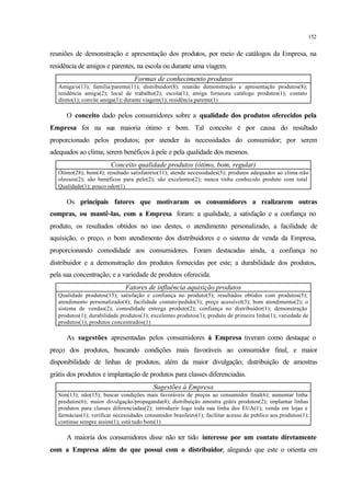 152
reuniões de demonstração e apresentação dos produtos, por meio de catálogos da Empresa, na
residência de amigos e parentes, na escola ou durante uma viagem.
Formas de conhecimento produtos
Amiga/o(13); família/parente(11); distribuidor(8); reunião demonstração e apresentação produtos(8);
residência amiga(2); local de trabalho(2); escola(1); amiga forneceu catálogo produtos(1); contato
direto(1); convite amiga(1); durante viagem(1); residência parente(1)
O conceito dado pelos consumidores sobre a qualidade dos produtos oferecidos pela
Empresa foi na sua maioria ótimo e bom. Tal conceito é por causa do resultado
proporcionado pelos produtos; por atender às necessidades do consumidor; por serem
adequados ao clima; serem benéficos à pele e pela qualidade dos mesmos.
Conceito qualidade produtos (ótimo, bom, regular)
Ótimo(28); bom(4); resultado satisfatório(11); atende necessidades(5); produtos adequados ao clima-não
oleosos(2); são benéficos para pele(2); são excelentes(2); nunca tinha conhecido produto com total
Qualidade(1); pouco odor(1)
Os principais fatores que motivaram os consumidores a realizarem outras
compras, ou mantê-las, com a Empresa foram: a qualidade, a satisfação e a confiança no
produto, os resultados obtidos no uso destes, o atendimento personalizado, a facilidade de
aquisição, o preço, o bom atendimento dos distribuidores e o sistema de venda da Empresa,
proporcionando comodidade aos consumidores. Foram destacadas ainda, a confiança no
distribuidor e a demonstração dos produtos fornecidas por este; a durabilidade dos produtos,
pela sua concentração; e a variedade de produtos oferecida.
Fatores de influência aquisição produtos
Qualidade produtos(15); satisfação e confiança no produto(5); resultados obtidos com produtos(5);
atendimento personalizado(4); facilidade contato/pedido(3); preço acessível(3); bom atendimento(2); o
sistema de vendas(2); comodidade entrega produto(2); confiança no distribuidor(1); demonstração
produtos(1); durabilidade produtos(1); excelentes produtos(1); produto de primeira linha(1); variedade de
produtos(1); produtos concentrados(1)
As sugestões apresentadas pelos consumidores à Empresa tiveram como destaque o
preço dos produtos, buscando condições mais favoráveis ao consumidor final, e maior
disponibilidade de linhas de produtos, além da maior divulgação; distribuição de amostras
grátis dos produtos e implantação de produtos para classes diferenciadas.
Sugestões à Empresa
Sim(13); não(15); buscar condições mais favoráveis de preços ao consumidor final(6); aumentar linha
produtos(6); maior divulgação/propaganda(4); distribuição amostra grátis produtos(2); implantar linhas
produtos para classes diferenciadas(2); introduzir logo toda sua linha dos EUA(1); venda em lojas e
farmácias(1); verificar necessidades consumidor brasileiro(1); facilitar acesso do publico aos produtos(1);
continue sempre assim(1); está tudo bom(1)
A maioria dos consumidores disse não ter tido interesse por um contato diretamente
com a Empresa além do que possui com o distribuidor, alegando que este o orienta em
 