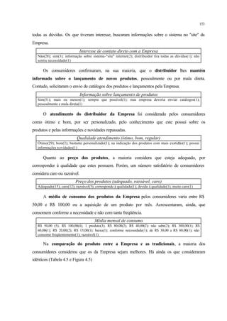 153
todas as dúvidas. Os que tiveram interesse, buscaram informações sobre o sistema no "site" da
Empresa.
Interesse de contato direto com a Empresa
Não(28); sim(3); informação sobre sistema-"site" internet(2); distribuidor tira todas as dúvidas(1); não
sentiu necessidade(1)
Os consumidores confirmaram, na sua maioria, que o distribuidor lhes mantém
informado sobre o lançamento de novos produtos, pessoalmente ou por mala direta.
Contudo, solicitaram o envio de catálogos dos produtos e lançamentos pela Empresa.
Informação sobre lançamento de produtos
Sim(31); mais ou menos(1); sempre que possível(1); mas empresa deveria enviar catálogos(1);
pessoalmente e mala direta(1)
O atendimento do distribuidor da Empresa foi considerado pelos consumidores
como ótimo e bom, por ser personalizado, pelo conhecimento que este possui sobre os
produtos e pelas informações e novidades repassadas.
Qualidade atendimento (ótimo, bom, regular)
Ótimo(29); bom(3); bastante personalizado(1); na indicação dos produtos com mais exatidão(1); possui
informações novidades(1)
Quanto ao preço dos produtos, a maioria considera que esteja adequado, por
corresponder à qualidade que estes possuem. Porém, um número satisfatório de consumidores
considera caro ou razoável.
Preço dos produtos (adequado, razoável, caro)
Adequado(15); caro(12); razoável(5); corresponde à qualidade(1); devido à qualidade(1); muito caro(1)
A média de consumo dos produtos da Empresa pelos consumidores varia entre R$
50,00 e R$ 100,00 ou a aquisição de um produto por mês. Acrescentaram, ainda, que
consomem conforme a necessidade e não com tanta freqüência.
Média mensal de consumo
R$ 50,00 (5); R$ 100,00(4); 1 produto(3); R$ 80,00(2); R$ 40,00(2); não sabe(2); R$ 300,00(1); R$
60,00(1); R$ 20,00(2); R$ 15,00(1); baixa(1); conforme necessidade(1); de R$ 30,00 a R$ 80,00(1); não
consome freqüentemente(1); razoável(1)
Na comparação do produto entre a Empresa e as tradicionais, a maioria dos
consumidores considerou que os da Empresa sejam melhores. Há ainda os que consideraram
idênticos (Tabela 4.5 e Figura 4.5)
 