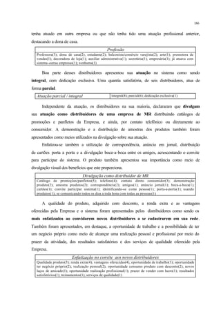 166
tenha atuado em outra empresa ou que não tenha tido uma atuação profissional anterior,
destacando a dona de casa.
Profissão
Professora(3); dona de casa(2); estudante(2); balconista/comércio varejista(2); arte(1); promotora de
vendas(1); decoradora de loja(1); auxiliar administrativa(1); secretária(1); empresária(1); já atuava com
sistema-outras empresas(1); nenhuma(1)
Boa parte desses distribuidores apresentou sua atuação no sistema como sendo
integral, com dedicação exclusiva. Uma quantia satisfatória, de seis distribuidores, atua de
forma parcial.
Atuação parcial / integral integral(8); parcial(6); dedicação exclusiva(1)
Independente da atuação, os distribuidores na sua maioria, declararam que divulgam
sua atuação como distribuidores de uma empresa de MR distribuindo catálogos de
promoções e panfletos da Empresa, e ainda, por contato telefônico ou diretamente ao
consumidor. A demonstração e a distribuição de amostras dos produtos também foram
apresentados como meios utilizados na divulgação sobre sua atuação.
Enfatizou-se também a utilização de correspondência, anúncio em jornal, distribuição
de cartões porta a porta e a divulgação boca-a-boca entre os amigos, acrescentando o convite
para participar do sistema. O produto também apresentou sua importância como meio de
divulgação visual dos benefícios que este proporciona.
Divulgação como distribuidor de MR
Catálogo de promoções/panfletos(5); telefone(4); contato direto consumidor(3); demonstração
produto(2); amostra produtos(2); correspondência(2); amigos(1); anúncio jornal(1); boca-a-boca(1);
cartões(1); convite participar sistema(1); identificando-se como pessoa(1); porta-a-porta(1); usando
produtos(1); se comunicando todos os dias a toda hora com todas as pessoas(1)
A qualidade do produto, adquirido com desconto, a renda extra e as vantagens
oferecidas pela Empresa e o sistema foram apresentados pelos distribuidores como sendo os
mais enfatizados ao convidarem novos distribuidores a se cadastrarem em sua rede.
Também foram apresentados, em destaque, a oportunidade de trabalho e a possibilidade de ter
um negócio próprio como meio de alcançar uma realização pessoal e profissional por meio do
prazer da atividade, dos resultados satisfatórios e dos serviços de qualidade oferecido pela
Empresa.
Enfatização no convite aos novos distribuidores
Qualidade produto(5); renda extra(4); vantagens oferecidas(4); oportunidade de trabalho(3); oportunidade
ter negócio próprio(2); realização pessoal(2); oportunidade consumo produto com desconto(2); novos
laços de amizade(1); oportunidade realização profissional(1); prazer de vender com lucro(1); resultados
satisfatórios(1); treinamentos(1); serviços de qualidade(1)
 