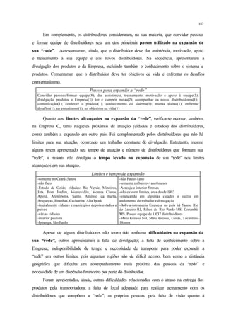 167
Em complemento, os distribuidores consideraram, na sua maioria, que convidar pessoas
e formar equipe de distribuidores seja um dos principais passos utilizado na expansão de
sua “rede”. Acrescentaram, ainda, que o distribuidor deve dar assistência, motivação, apoio
e treinamento à sua equipe e aos novos distribuidores. Na seqüência, apresentaram a
divulgação dos produtos e da Empresa, incluindo também o conhecimento sobre o sistema e
produtos. Comentaram que o distribuidor deve ter objetivos de vida e enfrentar os desafios
com entusiasmo.
Passos para expandir a “rede”
Convidar pessoas/formar equipe(8); dar assistência, treinamento, motivação e apoio à equipe(5);
divulgação produtos e Empresa(3); ter e cumprir metas(2); acompanhar os novos distribuidores(1);
comunicação(1); conhecer o produto(1); conhecimento do sistema(1); muitas visitas(1); enfrentar
desafios(1); ter entusiasmo(1); ter objetivos na vida(1)
Quanto aos limites alcançados na expansão da “rede”, verifica-se ocorrer, também,
na Empresa C, tanto naqueles próximos de atuação (cidades e estados) dos distribuidores,
como também a expansão em outro país. Foi complementado pelos distribuidores que não há
limites para sua atuação, ocorrendo um trabalho constante de divulgação. Entretanto, mesmo
alguns terem apresentado seu tempo de atuação e número de distribuidores que formam sua
“rede”, a maioria não divulgou o tempo levado na expansão de sua “rede” nos limites
alcançados em sua atuação.
Limites e tempo de expansão
-somente no Ceará-5anos
-não faço
-Estado de Goiás; cidades: Rio Verde, Mineiros,
Jata, Bom Jardim, Montevidéu, Montes Claros,
Aporé, Arenópolis, Santo. Antônio da Barra,
Aragarças, Piranhas, Cachoeira, Alta Iporã
-inicialmente cidades e municípios depois estados e
países
-várias cidades
-interior paulista
-Ipiranga, São Paulo
-São Paulo-1ano
-somente no bairro-1ano8meses
-Aracaju e interior-5meses
-não existem limites, atua desde 1983
-avançando em algumas cidades e outras em
andamento de trabalho e divulgação
-Bolívia-introduziu Empresa no país há 5anos. Rio
de Janeiro-RJ, Ribas do Rio Pardo-MS, Corumbá-
MS. Possui equipe de 1.037 distribuidores
-Mato Grosso Sul, Mato Grosso, Goiás, Tocantins-
18anos
Apesar de alguns distribuidores não terem tido nenhuma dificuldades na expansão da
sua “rede”, outros apresentaram a falta de divulgação; a falta de conhecimento sobre a
Empresa; indisponibilidade de tempo e necessidade de transporte para poder expandir a
“rede” em outros limites, pois algumas regiões são de difícil acesso, bem como a distância
geográfica que dificulta um acompanhamento mais próximo das pessoas da “rede” e
necessidade de um dispêndio financeiro por parte do distribuidor.
Foram apresentadas, ainda, outras dificuldades relacionadas com o atraso na entrega dos
produtos pela transportadora; a falta de local adequado para realizar treinamento com os
distribuidores que compõem a “rede”; as próprias pessoas, pela falta de visão quanto à
 