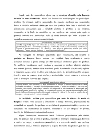 177
Grande parte dos consumidores alegou que os produtos oferecidos pela Empresa
atendem às suas necessidades. Apenas dois disseram que atende em parte ou apenas alguns
produtos. Os principais motivos apresentados dos produtos atenderem suas necessidades
foram o resultado satisfatório obtido por meio dos produtos, bem como a qualidade. Os
consumidores consideraram que a variedade existente de produtos; a sua eficiência,
composição; a facilidade de adquiri-los em sua residência; são motivos pelos quais os
produtos atendem suas necessidades além de serem melhores que outros existentes no
mercado e pertencerem a uma empresa conceituada.
Necessidades consumidor
sim(75); em parte(1); alguns sim outros não(1); resultado satisfatório(27); qualidade(15); variedade de
produtos(8); são bons e eficientes(7); composição produtos(5); qualidade atendimento(4); facilidades de
adquirir o produto-domicílio(2); são ótimos(2); bom preço(2); práticos(1); melhor que outros
existentes(1); possui tudo que necessito(1); ser de Empresa conceituada(1)
As vantagens em destaque, apresentadas pelos consumidores, em adquirir os
produtos da Empresa foram: produtos com qualidade; bom atendimento e entrega
domiciliar, incluindo a pronta entrega; em obter resultados satisfatórios; preço dos produtos.
Na seqüência, consideraram: sentir confiança e segurança no produto; adquirido disciplina
nos cuidados pessoais; poderem estar atualizados quanto às tendências dos produtos; negociar
o pagamento destes; serem produtos sem imitações; recebê-los pontualmente; obter um custo
benefício sobre os produtos; sentir confiança no distribuidor; receber amostras e informação
sobre as promoções oferecidas pela Empresa.
Vantagens de aquisição produtos
adquirir produto com qualidade(37); bom atendimento e entrega a domicílio-comodidade(21); obter
resultados esperados(17); preço(12); confiabilidade e segurança(5); atende necessidades(5); disciplina uso
diário(4); estar sempre atualizada(3); condições de pagamento(3); sem imitações(2); pontualidade na
entrega(2); custo benefício(2); confiança no revendedor(2); sempre tem amostras e promoções(2); todas
possíveis(2); produto econômico(1); diferenciação produtos(1); eficácia(1); faz sentir-se bem(1); não se
compara a outros produtos(1); pronta entrega(1)
As facilidades obtidas pelos consumidores por meio do sistema de venda da
Empresa tiveram como destaque o atendimento e entrega domiciliar, proporcionando-lhes
comodidade na aquisição dos produtos. As condições de pagamento oferecidas; a presteza no
atendimento dos distribuidores da Empresa, orientando-os no uso adequado do produto,
também são facilidades proporcionadas pelo sistema.
Alguns consumidores apresentaram outras facilidades proporcionadas pelo sistema,
como ter catálogos para escolha do produto, incluindo as promoções oferecidas pela Empresa;
a rapidez na entrega; o atendimento personalizado e a certeza de adquirir bons produtos.
Consideraram, ainda, a forma de pagamento e a opção de escolha dos produtos, por meio do
 
