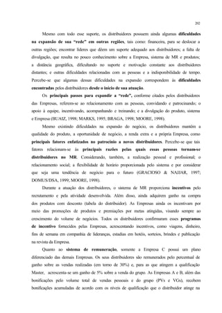 202
Mesmo com todo esse suporte, os distribuidores possuem ainda algumas dificuldades
na expansão de sua “rede” em outras regiões, tais como: financeira, para se deslocar a
outras regiões; encontrar líderes que dêem um suporte adequado aos distribuidores; a falta de
divulgação, que resulta no pouco conhecimento sobre a Empresa, sistema de MR e produtos;
a distância geográfica, dificultando no suporte e motivação constante aos distribuidores
distantes; e outras dificuldades relacionadas com as pessoas e a indisponibilidade de tempo.
Percebe-se que algumas dessas dificuldades na expansão correspondem às dificuldades
encontradas pelos distribuidores desde o início de sua atuação.
Os principais passos para expandir a “rede”, conforme citados pelos distribuidores
das Empresas, referem-se ao relacionamento com as pessoas, convidando e patrocinando; o
apoio à equipe, incentivando, acompanhando e treinando; e a divulgação do produto, sistema
e Empresa (BUAIZ, 1998; MARKS, 1995; BRAGA, 1998; MOORE, 1998).
Mesmo existindo dificuldades na expansão do negócio, os distribuidores mantêm a
qualidade do produto, a oportunidade de negócio, a renda extra e a própria Empresa, como
principais fatores enfatizados no patrocínio a novos distribuidores. Percebe-se que tais
fatores relacionam-se às principais razões pelas quais essas pessoas tornam-se
distribuidores no MR. Considerando, também, a realização pessoal e profissional; o
relacionamento social; a flexibilidade de horário proporcionada pelo sistema e por considerar
que seja uma tendência de negócio para o futuro (GRACIOSO & NAJJAR, 1997;
DOMUS/DSA, 1999; MOORE, 1998).
Durante a atuação dos distribuidores, o sistema de MR proporciona incentivos pelo
recrutamento e pela atividade desenvolvida. Além disso, ainda adquirem ganho na compra
dos produtos com desconto (tabela do distribuidor). As Empresas ainda os incentivam por
meio das promoções de produtos e premiações por metas atingidas, visando sempre ao
crescimento do volume de negócios. Todos os distribuidores confirmaram esses programas
de incentivo fornecidos pelas Empresas, acrescentando incentivos, como viagens, dinheiro,
fins de semana em companhia de lideranças, estadias em hotéis, sorteios, brindes e publicação
na revista da Empresa.
Quanto ao sistema de remuneração, somente a Empresa C possui um plano
diferenciado das demais Empresas. Os seus distribuidores são remunerados pelo percentual de
ganho sobre as vendas realizadas (em torno de 30%) e, para as que atingem a qualificação
Master, acrescenta-se um ganho de 5% sobre a venda do grupo. As Empresas A e B, além das
bonificações pelo volume total de vendas pessoais e do grupo (PVs e VGs), recebem
bonificações acumuladas de acordo com os níveis de qualificação que o distribuidor atinge na
 