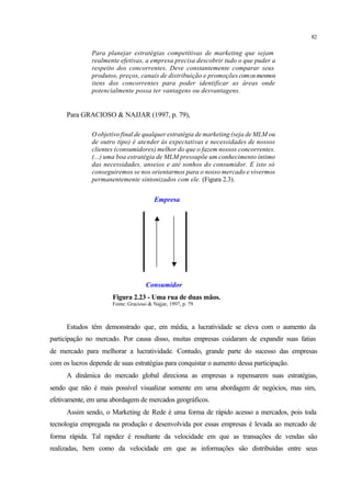 82
Para planejar estratégias competitivas de marketing que sejam
realmente efetivas, a empresa precisa descobrir tudo o que puder a
respeito dos concorrentes. Deve constantemente comparar seus
produtos, preços, canais de distribuição e promoções comosmesmos
itens dos concorrentes para poder identificar as áreas onde
potencialmente possa ter vantagens ou desvantagens.
Para GRACIOSO & NAJJAR (1997, p. 79),
O objetivo final de qualquer estratégia de marketing (seja de MLM ou
de outro tipo) é atender às expectativas e necessidades de nossos
clientes (consumidores) melhor do que o fazem nossos concorrentes.
(...) uma boa estratégia de MLM pressupõe um conhecimento íntimo
das necessidades, anseios e até sonhos do consumidor. E isto só
conseguiremos se nos orientarmos para o nosso mercado e vivermos
permanentemente sintonizados com ele. (Figura 2.3).
Empresa
Consumidor
Figura 2.23 - Uma rua de duas mãos.
Fonte: Gracioso & Najjar, 1997, p. 79
Estudos têm demonstrado que, em média, a lucratividade se eleva com o aumento da
participação no mercado. Por causa disso, muitas empresas cuidaram de expandir suas fatias
de mercado para melhorar a lucratividade. Contudo, grande parte do sucesso das empresas
com os lucros depende de suas estratégias para conquistar o aumento dessa participação.
A dinâmica do mercado global direciona as empresas a repensarem suas estratégias,
sendo que não é mais possível visualizar somente em uma abordagem de negócios, mas sim,
efetivamente, em uma abordagem de mercados geográficos.
Assim sendo, o Marketing de Rede é uma forma de rápido acesso a mercados, pois toda
tecnologia empregada na produção e desenvolvida por essas empresas é levada ao mercado de
forma rápida. Tal rapidez é resultante da velocidade em que as transações de vendas são
realizadas, bem como da velocidade em que as informações são distribuídas entre seus
 