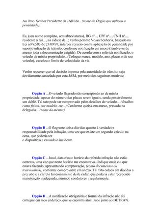 Ao Ilmo. Senhor Presidente da JARI do...(nome do Órgão que aplicou a
penalidade).
Eu, (seu nome completo, sem abreviaturas), RG nº..., CPF nº..., CNH nº...,
residente à rua..., na cidade de...; venho perante Vossa Senhoria, baseado na
Lei n0 9.503 de 23/09/97, interpor recurso contra aplicação de penalidade por
suposto infração de trânsito, conforme notificação em anexo (lembre-se de
anexar toda a documentação exigida). De acorda com a referida notificação, o
veículo de minha propriedade...(Coloque marca, modelo, ano, placas e de seu
veículo), excedeu o limite de velocidade da via.
Venho requerer que tal decisão imposta pela autoridade de trânsito, seja
devidamente cancelada por esta JARI, por meio dos seguintes motivos:
Opção A ...O veículo flagrado não corresponde ao de minha
propriedade, apesar do número das placas serem iguais, senda possivelmente
um dublê. Tal tato pode ser comprovado pelos detalhes do veículo... (detalhes
como frisos, cor modelo, etc...) Conforme queixa em anexo, prestada na
delegacia... (nome da mesma)
Opção B ...O flagrante deixa dúvidas quanto à verdadeira
responsabilidade pela infração, uma vez que existe um segundo veículo na
cena, que poderia ter
o dispositivo e causado o incidente.
Opção C ...local, data e/ou o horário da referida infração não estão
corretos, uma vez que neste horário me encontrava...Indique onde e o que
estava fazendo, apresentando comprovação, (como documentos ou
testemunhas), conforme comprovante em anexo. Tal fato coloca em dúvidas a
precisão e a carreto funcionamento deste radar, que poderia estar recebendo
manutenção inadequada, punindo condutores irregularmente.
Opção D ...A notificação obrigatória e formal da infração não foi
entregue em meu endereço, que se encontra atualizado junto ao DETRAN.
 
