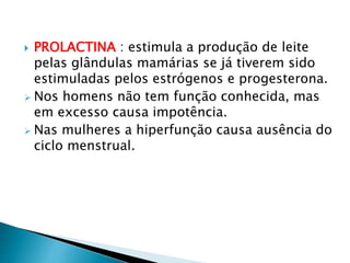  PROLACTINA : estimula a produção de leite
pelas glândulas mamárias se já tiverem sido
estimuladas pelos estrógenos e progesterona.
 Nos homens não tem função conhecida, mas
em excesso causa impotência.
 Nas mulheres a hiperfunção causa ausência do
ciclo menstrual.
 