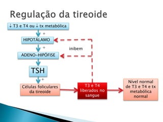 T3 e T4 ou  tx metabólica
+
HIPOTÁLAMO
+
ADENO-HIPÓFISE
TSH
+
Células foliculares
da tireoide
T3 e T4
liberados no
sangue
Nível normal
de T3 e T4 e tx
metabólica
normal
inibem
 