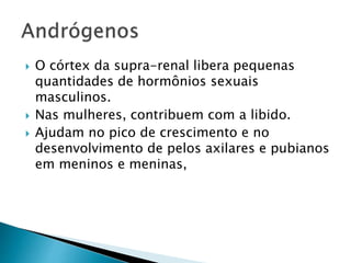  O córtex da supra-renal libera pequenas
quantidades de hormônios sexuais
masculinos.
 Nas mulheres, contribuem com a libido.
 Ajudam no pico de crescimento e no
desenvolvimento de pelos axilares e pubianos
em meninos e meninas,
 