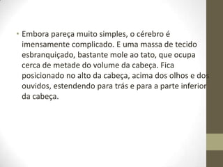 • Embora pareça muito simples, o cérebro é
imensamente complicado. E uma massa de tecido
esbranquiçado, bastante mole ao tato, que ocupa
cerca de metade do volume da cabeça. Fica
posicionado no alto da cabeça, acima dos olhos e dos
ouvidos, estendendo para trás e para a parte inferior
da cabeça.

 