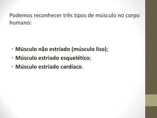 Podemos reconhecer três tipos de músculo no corpo
humano:

• Músculo não estriado (músculo liso);
• Músculo estriado esquelético;
• Músculo estriado cardíaco.

 