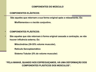 COMPONENTES DO MÚSCULO
COMPONENTES ELÁSTICOS:
São aqueles que retornam a sua forma original após o relaxamento. Ex:
Miofil...