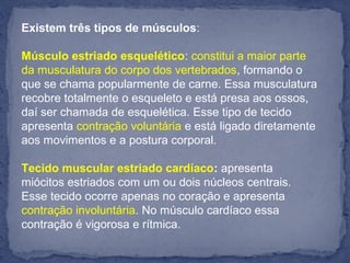 Existem três tipos de músculos:
Músculo estriado esquelético: constitui a maior parte 
da musculatura do corpo dos vertebrados, formando o 
que se chama popularmente de carne. Essa musculatura 
recobre totalmente o esqueleto e está presa aos ossos, 
daí ser chamada de esquelética. Esse tipo de tecido 
apresenta contração voluntária e está ligado diretamente 
aos movimentos e a postura corporal.
Tecido muscular estriado cardíaco: apresenta 
miócitos estriados com um ou dois núcleos centrais. 
Esse tecido ocorre apenas no coração e apresenta 
contração involuntária. No músculo cardíaco essa 
contração é vigorosa e rítmica.
 