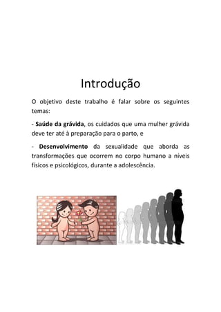 Introdução
O objetivo deste trabalho é falar sobre os seguintes
temas:
- Saúde da grávida, os cuidados que uma mulher grávida
deve ter até à preparação para o parto, e
- Desenvolvimento da sexualidade que aborda as
transformações que ocorrem no corpo humano a níveis
físicos e psicológicos, durante a adolescência.
 