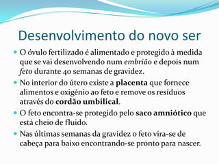 Desenvolvimento do novo ser
 O óvulo fertilizado é alimentado e protegido à medida
  que se vai desenvolvendo num embrião e depois num
  feto durante 40 semanas de gravidez.
 No interior do útero existe a placenta que fornece
  alimentos e oxigénio ao feto e remove os resíduos
  através do cordão umbilical.
 O feto encontra-se protegido pelo saco amniótico que
  está cheio de fluido.
 Nas últimas semanas da gravidez o feto vira-se de
  cabeça para baixo encontrando-se pronto para nascer.
 