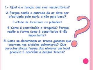 1- Qual é a função das vias respiratórias?
2-Porque razão a entrada do ar deve ser
efectuada pelo nariz e não pela boca?
3-Onde se localizam os pulmões?
4-Como é constituída a traqueia? Porque
razão a forma como é constituída é tão
importante?
5-Como se denominam as trocas gasosas que
ocorrem nos alvéolos pulmonares? Que
características fazem dos alvéolos um local
propício à ocorrência dessas trocas?
 