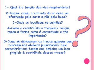 ? 1- Qual é a função das vias respiratórias? 2-Porque razão a entrada do ar deve ser efectuada pelo nariz e não pela boca? 3-Onde se localizam os pulmões? 4-Como é constituída a traqueia? Porque razão a forma como é constituída é tão importante? 5-Como se denominam as trocas gasosas que ocorrem nos alvéolos pulmonares? Que características fazem dos alvéolos um local propício à ocorrência dessas trocas? 