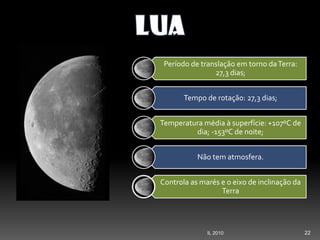 22IL 2010
Período de translação em torno daTerra:
27,3 dias;
Tempo de rotação: 27,3 dias;
Temperatura média à superfície: +107ºC de
dia; -153ºC de noite;
Não tem atmosfera.
Controla as marés e o eixo de inclinação da
Terra
 