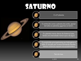 25IL 2010
É o 6º planeta
É conhecido como o planeta dos anéis, apesar
de todos os planetas gigantes os terem.
É o planeta menos denso do Sistema Solar,
tendo uma densidade menor que a da água.
É constituído principalmente por hidrogénio e
hélio. É cercado por nuvens formando bandas.
Ventos ciclónicos sopram na sua atmosfera
Tem 62 luas.
 