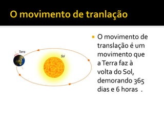    O movimento de
    translação é um
    movimento que
    a Terra faz à
    volta do Sol,
    demorando 365
    dias e 6 horas .
 