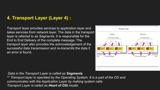 4. Transport Layer (Layer 4) :
Transport layer provides services to application layer and
takes services from network layer. The data in the transport
layer is referred to as Segments. It is responsible for the
End to End Delivery of the complete message. The
transport layer also provides the acknowledgement of the
successful data transmission and re-transmits the data if
an error is found.
Data in the Transport Layer is called as Segments.
** Transport layer is operated by the Operating System. It is a part of the OS and
communicates with the Application Layer by making system calls.
Transport Layer is called as Heart of OSI model.
 