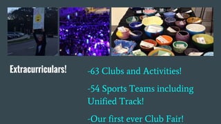 Extracurriculars! -63 Clubs and Activities!
-54 Sports Teams including
Unified Track!
-Our first ever Club Fair!
 