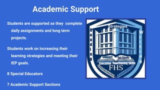 Academic Support
Students are supported as they complete
daily assignments and long term
projects.
Students work on increasing their
learning strategies and meeting their
IEP goals.
8 Special Educators
7 Academic Support Sections
Strategies
Support Set Goals
R
e
a
d
i
n
g
W
r
i
t
i
n
g
Executive Functioning Skills
 