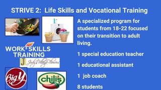 STRIVE 2: Life Skills and Vocational Training
A specialized program for
students from 18-22 focused
on their transition to adult
living.
1 special education teacher
1 educational assistant
1 job coach
8 students
 