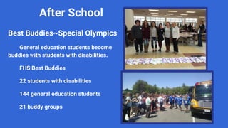 After School
Best Buddies~Special Olympics
General education students become
buddies with students with disabilities.
FHS Best Buddies
22 students with disabilities
144 general education students
21 buddy groups
 