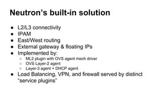 Neutron’s built-in solution
● L2/L3 connectivity
● IPAM
● East/West routing
● External gateway & floating IPs
● Implemented by:
○ ML2 plugin with OVS agent mech driver
○ OVS Layer-2 agent
○ Layer-3 agent + DHCP agent
● Load Balancing, VPN, and firewall served by distinct
“service plugins”
 