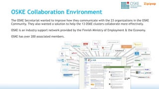 OSKE Collaboration Environment
The OSKE Secretariat wanted to improve how they communicate with the 23 organizations in the OSKE
Community. They also wanted a solution to help the 13 OSKE clusters collaborate more effectively.

OSKE is an industry support network provided by the Finnish Ministry of Employment & the Economy.

OSKE has over 200 associated members.
 