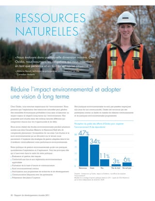Beaucoup Assez Peu Pas du tout Ne sait pas
Perception du public des efforts d’Osisko pour respecter
l’environnement (% de répondants)
0
10
20
30
40
50 47%
34%
11%
3% 6%
20 - Rapport de développement durable 2011
RESSOURCES
NATURELLES
« Nous évoluons dans une nouvelle dimension minière. Chez
Osisko, nous assumons les obligations qui nous incombent
en tant que personne et en tant qu’entreprise citoyenne. »
– Mélanie Benoit, technicienne principale en environnement au site
Canadian Malartic
Chez Osisko, nous sommes respectueux de l’environnement. Nous
pensons que l’exploitation des ressources naturelles peut générer
des retombées économiques profitables à tous sans occasionner un
impact majeur et négatif à long terme sur l’environnement. Nos
propriétés sont situées dans des milieux naturels différents qui
comportent chacun leur lot d’opportunités et de défis.
Nous avons réalisé des études environnementales pendant plusieurs
années aux sites Canadian Malartic et Hammond Reef afin de
comprendre pleinement l’écosystème de ces sites. Les études et le
suivi environnemental qui se déroulent sur le terrain nous
permettent d’implanter des stratégies de gestion adaptées dans le but
d’améliorer continuellement notre performance environnementale.
Notre politique de gestion environnementale guide nos pratiques
quotidiennes d’exploitation et d’exploration. Voici les principes clés
qui s’inscrivent dans le cadre de cette politique :
.	Évaluation et gestion des risques
.	Conformité aux lois et aux règlements environnementaux
applicables
.	Formation de la main-d’œuvre et communication
.	Suivi environnemental continu
.	Participation aux programmes de recherche et de développement
.	Communication fréquente avec les partenaires
.	Préparation des plans d’urgence
Réduire l’impact environnemental et adopter
une vision à long terme
Question : Estimez-vous qu’Osisko, depuis sa fondation, s’est efforcé de respecter
l’environnement ?
Résultats d’un sondage d’opinion publique réalisé en 2011 auprès de 302 Malarticois
par la firme indépendante de recherche CROP.
Nos pratiques environnementales ne sont pas passées inaperçues
aux yeux de nos communautés. Osisko est reconnue par ses
partenaires comme un leader en matière de relations communautaires
et de pratiques environnementales progressistes.
 