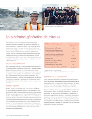 34 - Rapport de développement durable 2011
Chez Osisko, nous croyons à l’importance d’investir dans la
prochaine génération de mineurs. En offrant une expérience de
travail pratique aux étudiants du CÉGEP et de l’université par des
stages et des emplois d’été, nous espérons capter l’intérêt de la
jeunesse et de la population dans son ensemble et les inciter à faire
carrière dans le domaine minier. La population vieillissante du
Canada ainsi que le départ à la retraite de nombreuses sommités
dans le domaine nous incite à recruter davantage pour que nos
activités puissent aller de l’avant. Nous voulons une main-d’oeuvre
compétente, et c’est pourquoi nous dispensons des formations et
offrons des bourses.
STAGES ET ÉTUDIANTS D’ÉTÉ
Nos programmes de stages et d’emplois d’été ont permis à plus de
50 jeunes adultes de travailler pour Osisko en 2011 depuis Montréal ou
Malartic. Nous avons pourvu des postes dans chacun de nos
services, notamment en ingénierie, en géologie, en santé et sécurité,
en relations communautaires, en environnement et en exploration.
Nos partenariats avec certaines universités québécoises, dont
McGill, Concordia et l’Université Laval, ont engendré des relations
mutuellement profitables et les expériences enrichissantes qu’offre
Osisko à ces étudiants et étudiantes leur permettent de mieux nous
connaître.
BOURSES D’ÉTUDES
En 2011, Osisko a remis des bourses à des étudiants du CÉGEP
et de l’université originaires de Malartic, à des diplômés de l’école
secondaire de Malartic et à des diplômés de l’Abitibi-Témiscamingue.
Nous avons aussi collaboré avec l’Université Laval et l’Université du
Québec en Abitibi-Témiscamingue. Nous avons versé un montant
d’environ 120 000 $ en bourses d’études et en investissements dans
l’éducation. Les gagnants ont été choisis en fonction du mérite scolaire,
de l’engagement communautaire et de l’esprit de leadership. Les
bourses ont été décernées par les établissements d’enseignement
et les organismes locaux qui se consacrent aux étudiants et qui font
la promotion des études supérieures au sein de la communauté
depuis de nombreuses années.
FORMATION DE LA COMMUNAUTÉ
Chez Osisko, nous croyons aux deuxièmes chances. Nous savons
que la vie est pleine de surprises et nous croyons fermement que les
gens devraient avoir la possibilité de se réaliser pleinement. Ces valeurs
nous ont incités à mettre sur pied un programme de formation
appliquée à l’intention des adultes sous-scolarisés de Malartic.
C’est avec fierté que nous avons appuyé neuf Malarticois dans leurs
démarches pour obtenir leur diplôme professionnel d’opérateur de
machinerie, qui est reconnu par le ministère de l’Éducation de la
province. Le programme de formation d’une durée de six mois a été
adapté pour répondre aux besoins des activités qu’Osisko mène à
Canadian Malartic. Un salaire horaire a aussi été versé aux participants.
Le programme a été un franc succès : huit des neuf participants ont
terminé la formation et empoché leur diplôme, et ils ont été embauchés
par Osisko sur une base permanente.
Établissements d’enseignement Investissementsdans
l’éducation
École secondaire Le Tremplin 2 500 $
Corporation du développement de
l’enseignement de la Vallée-de-l’Or 2 500 $
CÉGEP de l’Abitibi-Témiscamingue
Programme de technologie minérale
2 000 $
Université Laval 80 000 $
Université du Québec en Abitibi-
Témiscamingue (UQAT)
20 000 $1
École Polytechnique de Montréal 4 000 $
Université du Québec à Montréal (UQAM) 15 860 $2
1 Projet de recherche sur les eaux souterraines
2 7 000 $ en bourses et 8 860 $ en investissements indirects pour la recherche
La prochaine génération de mineurs
Formation d’employés au site Canadian Malartic
 