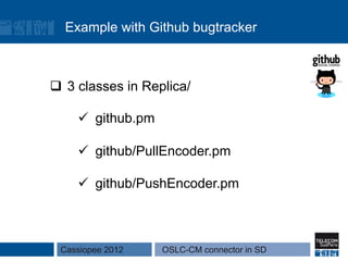 Example with Github bugtracker



q  3 classes in Replica/

    ü  github.pm

    ü  github/PullEncoder.pm

    ü  github/PushEncoder.pm



 Cassiopee 2012     OSLC-CM connector in SD
 