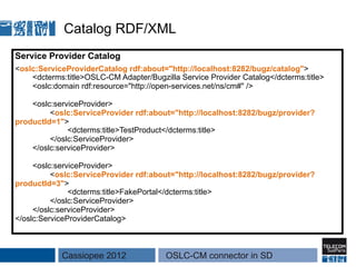 Catalog RDF/XML
Service Provider Catalog
<oslc:ServiceProviderCatalog rdf:about="http://localhost:8282/bugz/catalog">
    <dcterms:title>OSLC-CM Adapter/Bugzilla Service Provider Catalog</dcterms:title>
    <oslc:domain rdf:resource="http://open-services.net/ns/cm#" />

    <oslc:serviceProvider>
         <oslc:ServiceProvider rdf:about="http://localhost:8282/bugz/provider?
productId=1">
              <dcterms:title>TestProduct</dcterms:title>
         </oslc:ServiceProvider>
    </oslc:serviceProvider>

     <oslc:serviceProvider>
          <oslc:ServiceProvider rdf:about="http://localhost:8282/bugz/provider?
productId=3">
               <dcterms:title>FakePortal</dcterms:title>
          </oslc:ServiceProvider>
     </oslc:serviceProvider>
</oslc:ServiceProviderCatalog>



            Cassiopee 2012              OSLC-CM connector in SD
 