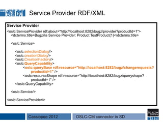 Service Provider RDF/XML
Service Provider
<oslc:ServiceProvider rdf:about="http://localhost:8282/bugz/provider?productId=1">
  <dcterms:title>Bugzilla Service Provider: Product TestProduct(1)</dcterms:title>

  <oslc:Service>

    <oslc:selectionDialog/>
    <oslc:creationDialog/>
    <oslc:CreationFactory/>
    <oslc:QueryCapability>
         <oslc:queryBase rdf:resource="http://localhost:8282/bugz/changerequests?
              productId=1" />
         <oslc:resourceShape rdf:resource="http://localhost:8282/bugz/queryshape?
              productId=1" />
    </oslc:QueryCapability>

  <oslc:Service/>

<oslc:ServiceProvider/>



             Cassiopee 2012               OSLC-CM connector in SD
 