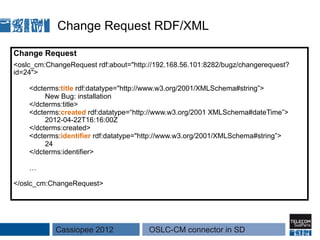Change Request RDF/XML

Change Request
<oslc_cm:ChangeRequest rdf:about="http://192.168.56.101:8282/bugz/changerequest?
id=24">

    <dcterms:title rdf:datatype="http://www.w3.org/2001/XMLSchema#string”>
         New Bug: installation
    </dcterms:title>
    <dcterms:created rdf:datatype=“http://www.w3.org/2001 XMLSchema#dateTime”>
         2012-04-22T16:16:00Z
    </dcterms:created>
    <dcterms:identifier rdf:datatype="http://www.w3.org/2001/XMLSchema#string”>
         24
    </dcterms:identifier>

    …

</oslc_cm:ChangeRequest>




            Cassiopee 2012             OSLC-CM connector in SD
 