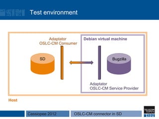 Test environment



                Adaptator      Debian virtual machine
            OSLC-CM Consumer


            SD                               Bugzilla




                                  Adaptator
                                  OSLC-CM Service Provider

Host


       Cassiopee 2012     OSLC-CM connector in SD
 