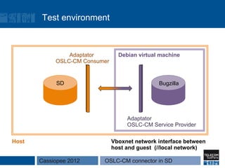 Test environment



                Adaptator        Debian virtual machine
            OSLC-CM Consumer


            SD                                 Bugzilla




                                    Adaptator
                                    OSLC-CM Service Provider

Host                           Vboxnet network interface between
                               host and guest (//local network)

       Cassiopee 2012     OSLC-CM connector in SD
 