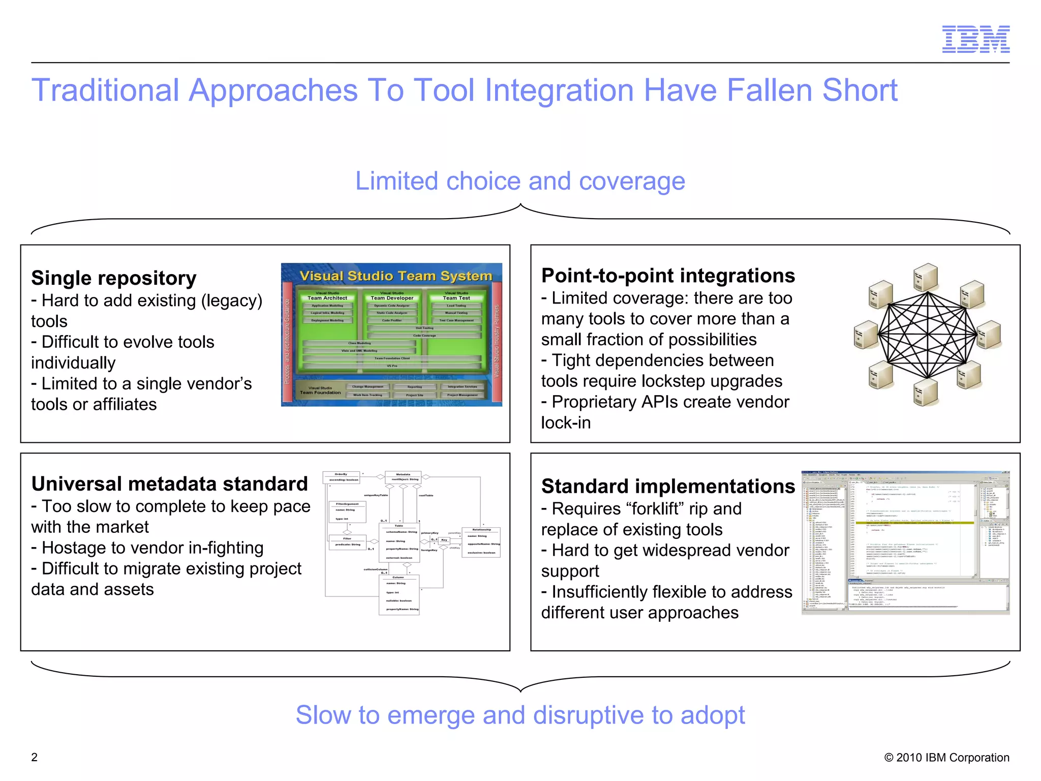 Traditional Approaches To Tool Integration Have Fallen Short

                                          Limited choice and coverage


Single repository                                        Point-to-point integrations
- Hard to add existing (legacy)                          - Limited coverage: there are too
tools                                                    many tools to cover more than a
- Difficult to evolve tools                              small fraction of possibilities
individually                                             - Tight dependencies between
- Limited to a single vendor’s                           tools require lockstep upgrades
tools or affiliates                                      - Proprietary APIs create vendor
                                                         lock-in


Universal metadata standard                              Standard implementations
- Too slow to complete to keep pace                      - Requires “forklift” rip and
with the market                                          replace of existing tools
- Hostage to vendor in-fighting                          - Hard to get widespread vendor
- Difficult to migrate existing project                  support
data and assets                                          - Insufficiently flexible to address
                                                         different user approaches




                                    Slow to emerge and disruptive to adopt
2                                                                                               © 2010 IBM Corporation
 