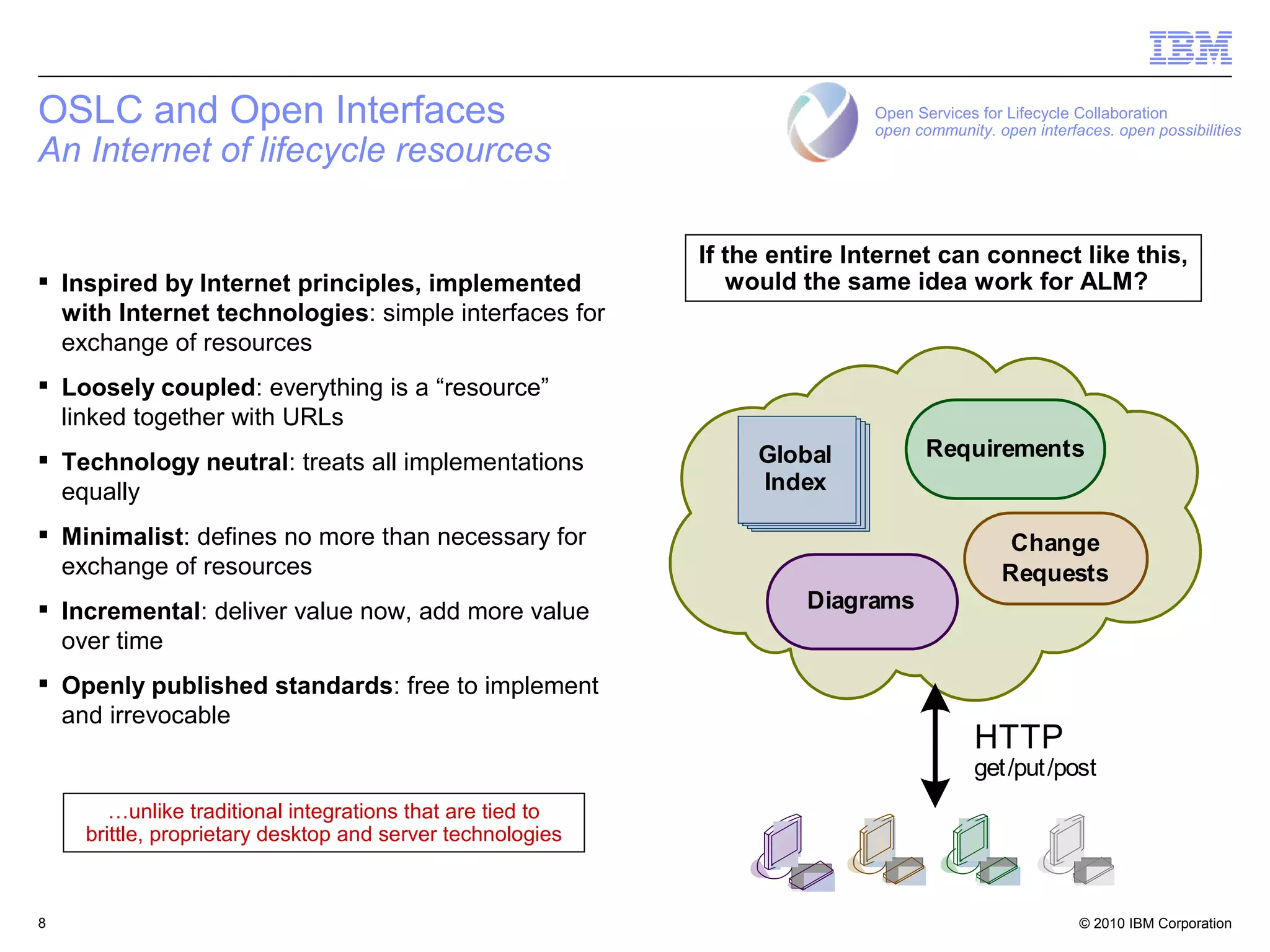 OSLC and Open Interfaces                                                   Open Services for Lifecycle Collaboration
                                                                           open community. open interfaces. open possibilities
An Internet of lifecycle resources

                                                           If the entire Internet can connect like this,
 Inspired by Internet principles, implemented                would the same idea work for ALM?
  with Internet technologies: simple interfaces for
  exchange of resources
 Loosely coupled: everything is a “resource”
  linked together with URLs
 Technology neutral: treats all implementations                Global            Requirements
  equally                                                       Index

 Minimalist: defines no more than necessary for                                             Change
  exchange of resources                                                                     Requests
 Incremental: deliver value now, add more value                    Diagrams
  over time
 Openly published standards: free to implement
  and irrevocable
                                                                                        HTTP
                                                                                        get/put/post
       …unlike traditional integrations that are tied to
    brittle, proprietary desktop and server technologies



8                                                                                                      © 2010 IBM Corporation   8
 