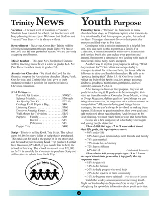 Trinity News                                                          Youth Purpose
Vacation – The root word of vacation is “vacate”.                     Parenting Teens - “Purpose” is a buzzword in many
Students have vacated the school, but teachers are still              churches these days, as Christians explore what it means to
busy planning for next year. We know that God has not                 live intentionally. God has a purpose, or plan, for each of
“vacated” our lives – He is always with us.                           our lives. Teenagers also must discover their particular
                                                                      purpose and find ways to live it out.
Reenrollment – Next year, Green Bay Trinity will be                        Coming up with a mission statement is a helpful first
offering Kindergarten through grade eight! We praise                  step. You can even do this together as a family. For
the Lord that He has grown our school. We are currently               Christians, a mission statement will revolve around faith
accepting enrollments.                                                and service, but it also can include your passions and
                                                                      dreams. Brainstorm a sentence or two dealing with each of
Music Teacher – This year, Mrs. Stephenie Hovland                     these areas: mind, body, heart, and spirit.
will be teaching music twice a week in grades K-6. Mr.                     Another way to explore your purpose is asking, “What
Paul Heiser teaches music in grades 7-8.                              do you stand for?” Our culture encourages today’s
                                                                      teenagers to stand for riches and fame, but Jesus calls his
Association Churches – We thank the Lord for the                      followers to deny and humble themselves. He calls us to
financial support the Association churches (Hope, Faith,              “produce lasting fruit” (John 15:16). Our lives should
Our Saviour, and Christ of the Bay) give to their                     reflect the fruit of the Spirit: love, joy, peace, patience,
students to make it possible for them to receive a                    kindness, goodness, faithfulness, gentleness, and self-
Christian education.                                                  control (Galatians 5:22-23).
                                                                           After teenagers discover their purpose, they can set
Wish list items –                                                     goals for achieving it. If goals are to be meaningful, kids
   Portable PA System. . . . . . . . . . . . . . . . $500(?)          must set them themselves. Counselor Steve Merritt, writing
   Science Models. . . . . . . . . . . . . . . . . . . $30 each       in Group Magazine, defines goals as “good things we can
   Air Quality Test Kit . . . . . . . . . . . . . . . $27.50          bring about ourselves, as long as we do it without control or
   Geology Field Trip in a Bag . . . . . . . . . $40                  manipulation.” All parents desire good things for our
   Listening Center . . . . . . . . . . . . . . . . . . $300          teenagers, but we can’t always be involved in making them
   Discover America Carpet . . . . . . . . . . . $500                 happen. Kids must be passionate about their own goals and
   Wall Mount for Television . . . . . . . . . . $150                 self-motivated about reaching them. And for goals to be
   Puppets: Family . . . . . . . . . . . . . . . . $50                God-pleasing, we must reach them in ways that honor him.
                 Doctor . . . . . . . . . . . . . . . . $15                Below are a few snapshots of what today’s teenagers
                 Policeman . . . . . . . . . . . . . $15              and young people strive for.
   Puppet Tree. . . . . . . . . . . . . . . . . . . . . . $400             When 4,600 kids ages 12 to 19 were asked about
                                                                      their life goals, the top responses were:
Scrip – Trinity is selling Kwik Trip Scrip. The school                     • 86% enjoy life
earns $0.10 for every dollar of scrip that is purchased.                   • 82% have good relationships with friends and family
The cards can be used at the pump or in the store and                      • 78% get married
can be used to purchase any Kwik Trip product. Contact                     • 73% make lots of money
Ken Baumann, 655-4673, if you would like to help the
                                                                           • 72% have children
school in this way. The school has raised over $20,000
so far! It is possible for a business to purchase Scrip and                • 65% travel                             (Mediamark Research)
still receive its rebate from Kwik Trip.                                   When almost 600 young people ages 18 to 25 were
                                                                      surveyed about their generation’s top goals, the top
                                                                      responses were:
                                                                           • 81% to get rich
                                                                           • 51% to be famous
                                                                           • 30% to help people who need help
                                                                           • 22% to be leaders in their community
                                                                           • 10% to become more spiritual. (Pew Research Center)
                                                                           Watch the weekly announcements concerning Youth
                                                                      Night on Wednesdays in September! Go to http:// youth.
                                                                      oslc-gb.org for up-to-date information about youth activities.

                                                                  5
 