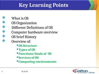  What is OS
 OS Organization
 Different Definitions of OS
 Computer hardware overview
 OS brief History
 Overview of:
 OS Structure
 Types of OS
 Functions/Goals of OS
 Services of OS
 Computing environments
Key Learning Points
05/12/25
6
 