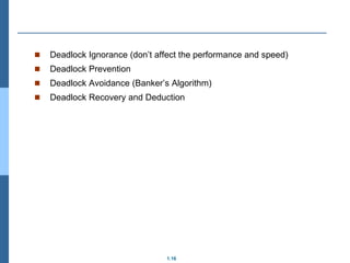 1.16
 Deadlock Ignorance (don’t affect the performance and speed)
 Deadlock Prevention
 Deadlock Avoidance (Banker’s Algorithm)
 Deadlock Recovery and Deduction
 