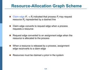 1.24
Resource-Allocation Graph Scheme
 Claim edge Pi  Rj indicated that process Pj may request
resource Rj; represented by a dashed line
 Claim edge converts to request edge when a process
requests a resource
 Request edge converted to an assignment edge when the
resource is allocated to the process
 When a resource is released by a process, assignment
edge reconverts to a claim edge
 Resources must be claimed a priori in the system
 